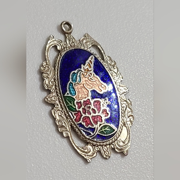 Vintage unicorn cloisonne necklace pendant flowers silver vtg estate euc - Picture 5 of 8
